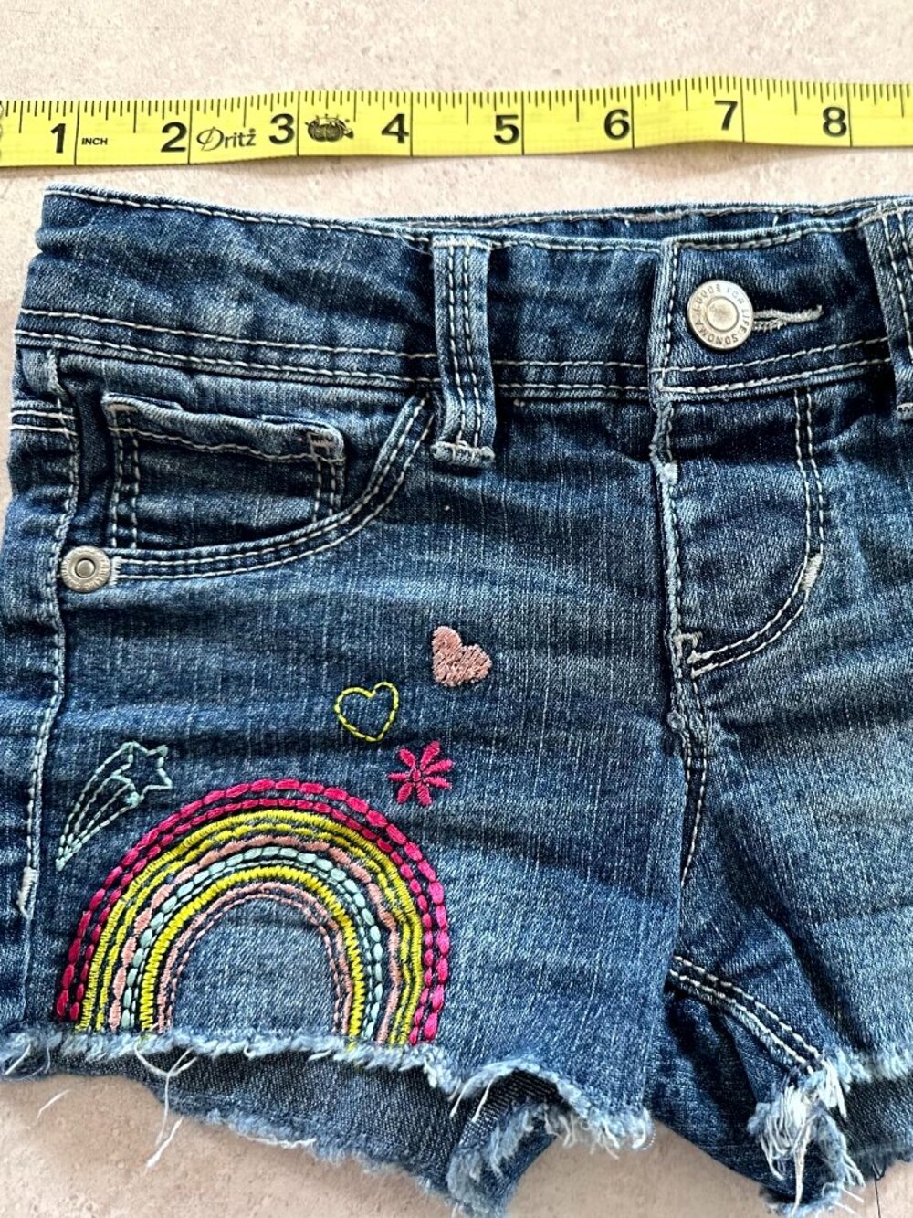 Sonoma Girls’ Blue Denim Jean Shorts Size 4T Embroidered Rainbow & Hearts